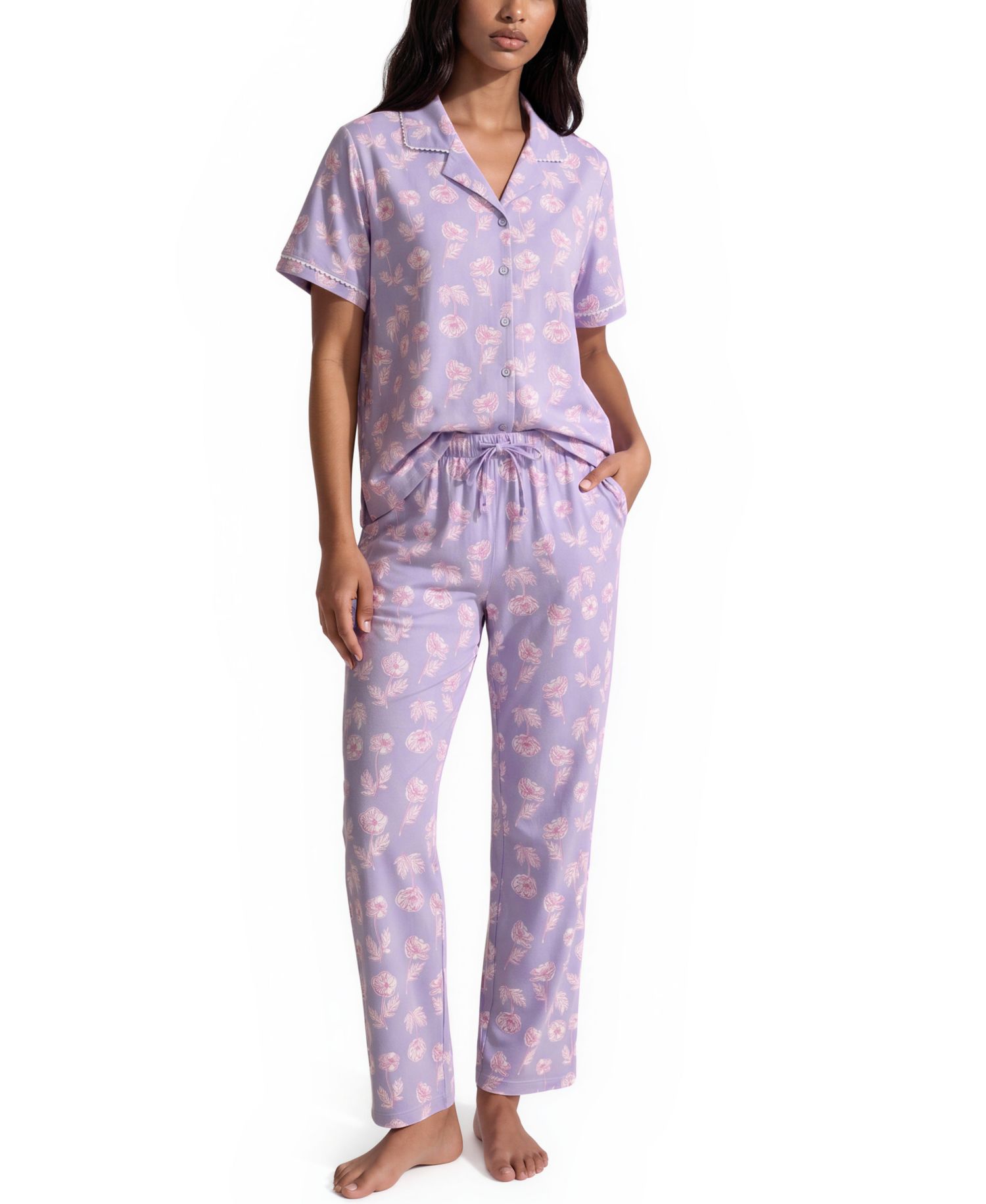Women's Mix Match Notch-Neck Top with Pajama Shorts and Pants, 3-Piece set
