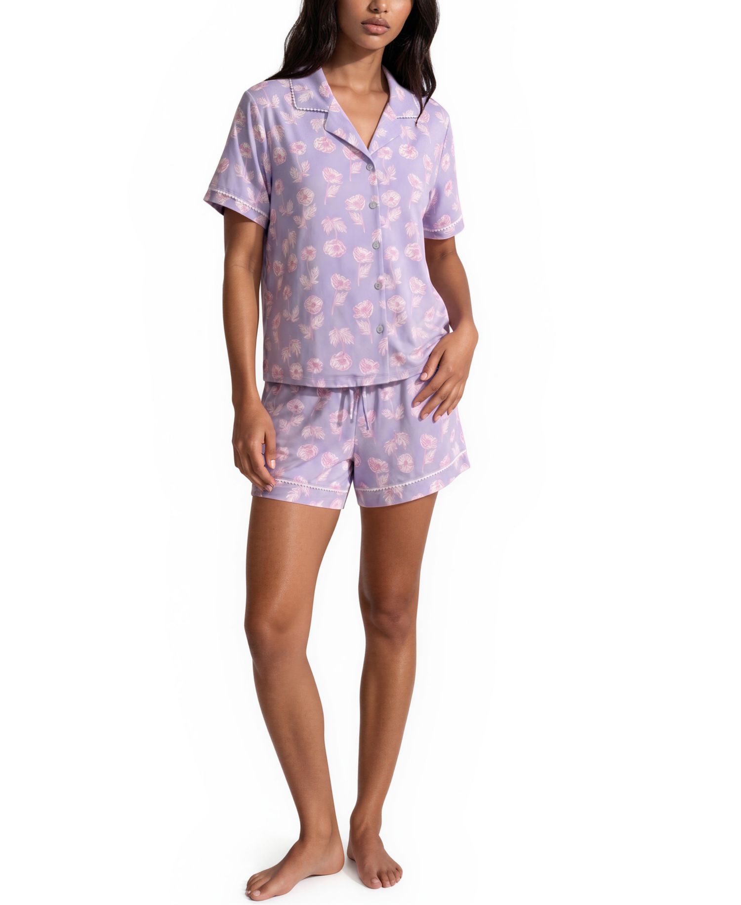 Women's Mix Match Notch-Neck Top with Pajama Shorts and Pants, 3-Piece set
