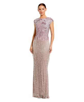 Women's Fringe Beaded Mesh Short Sleeve Evening Gown