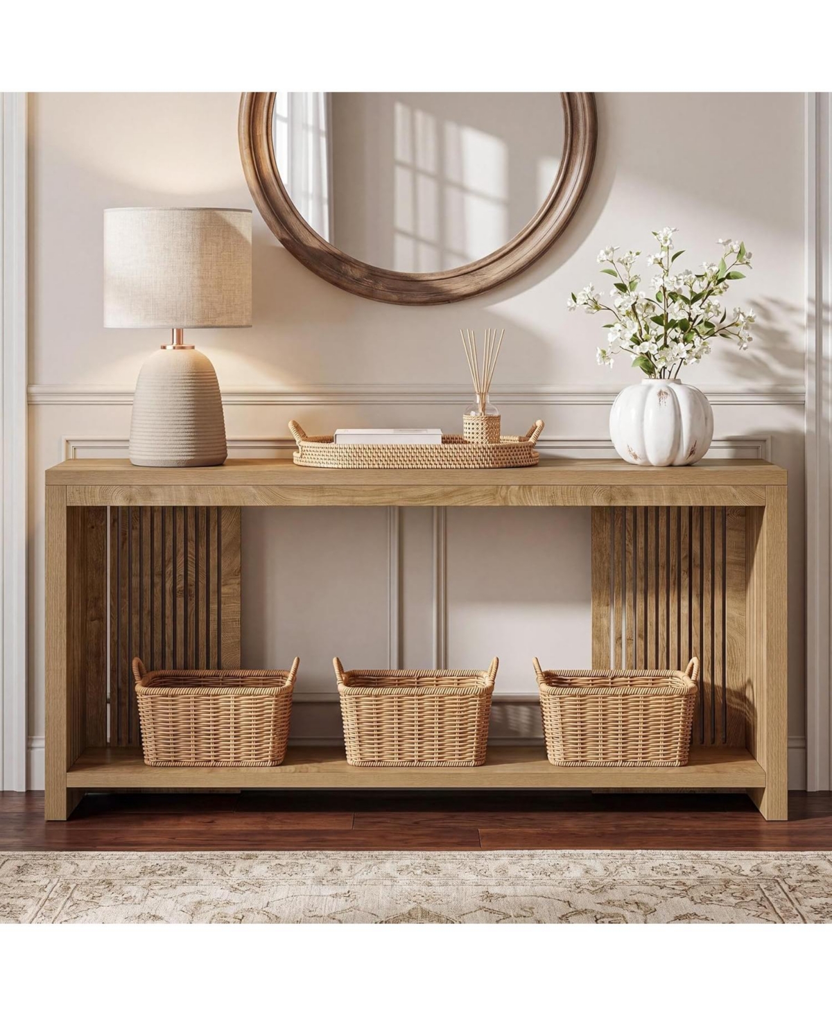 Tribesigns 70.9-Inch Long Entryway Table with 2-Tier Storage, Farmhouse Narrow Sofa Console Table with Vertical Stripe Legs