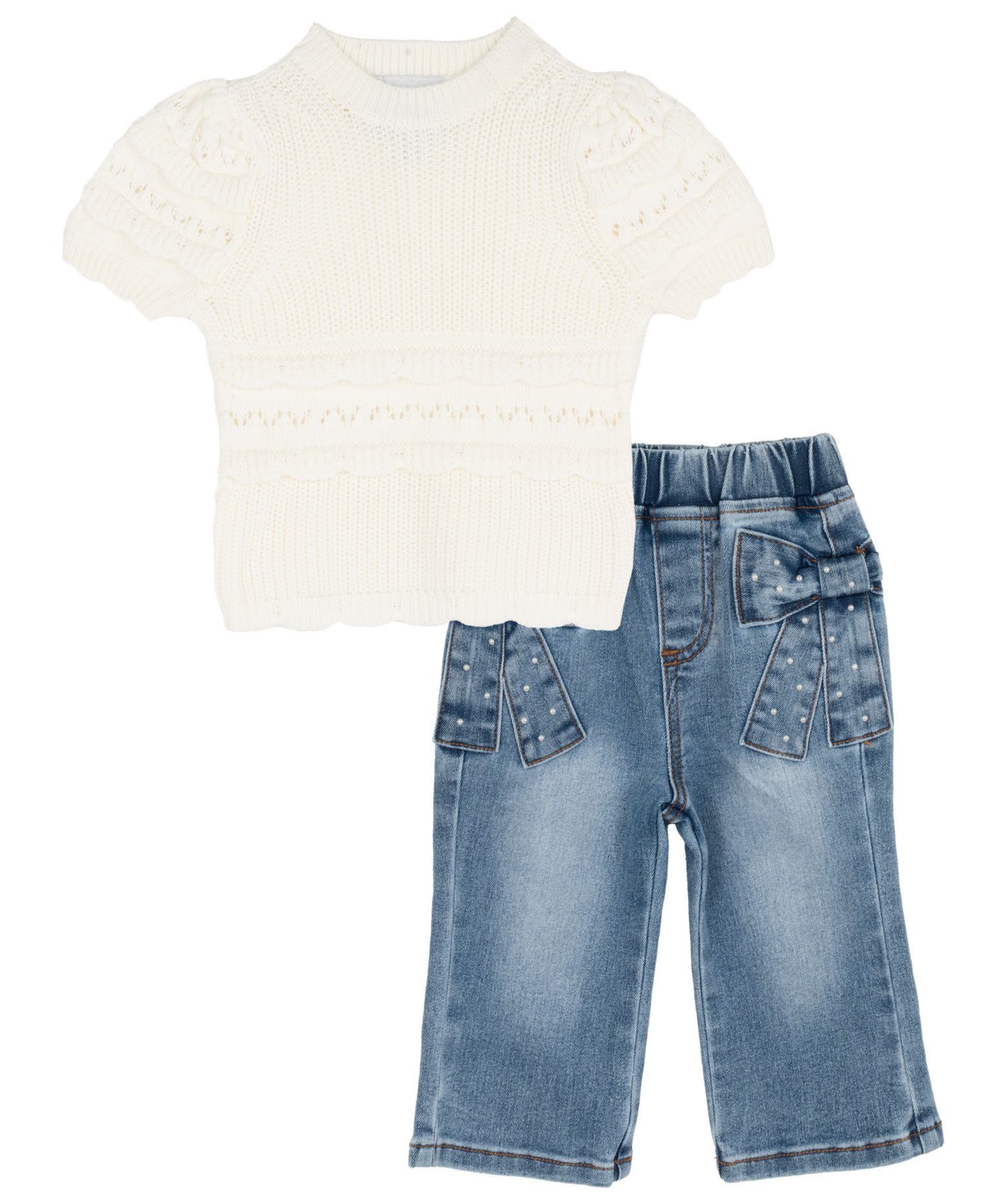 Baby Girls' Crochet Knit Short-Sleeve Sweater and Bow Print Pant, 2-Piece Set
