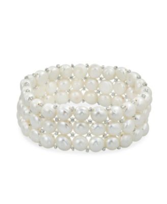 Triple Strand Wide White Button Style Freshwater Cultured Pearl Stretch Bracelet