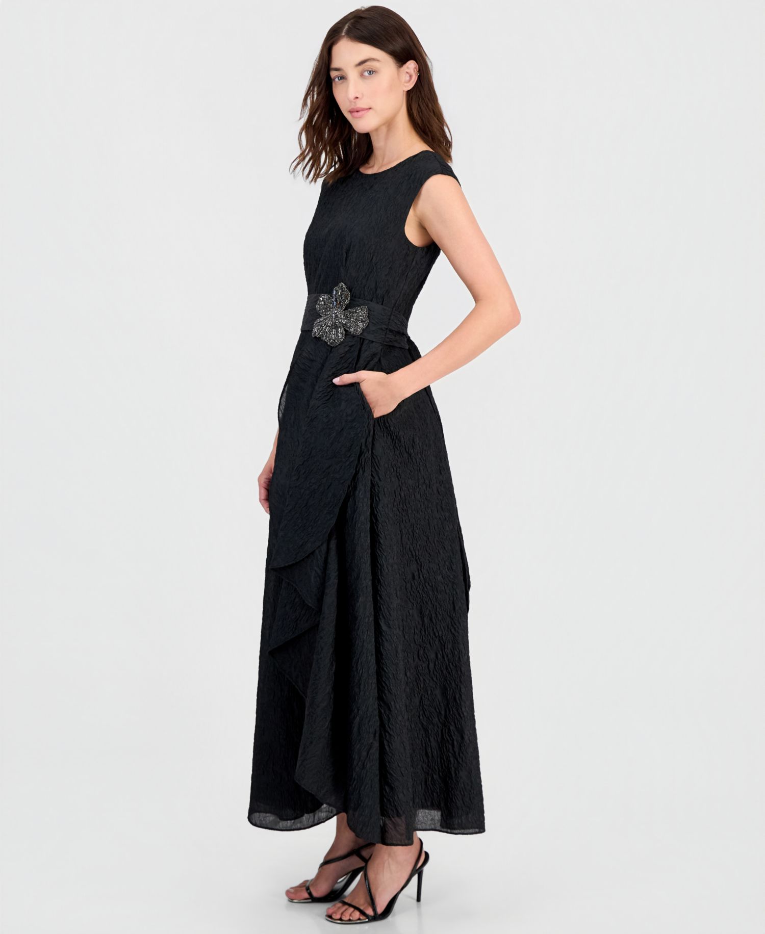Women's Boat-Neck Embellished Crinkle Taffeta Dress