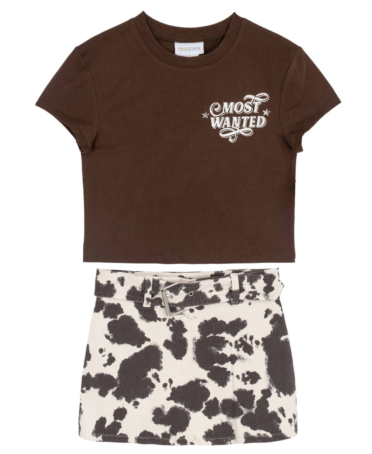 Tween Diva Girls' 7-12 Graphic T-Shirt and Cow Printed Twill Skort, 2-Piece Set, цвет: Коричневый — фото 4