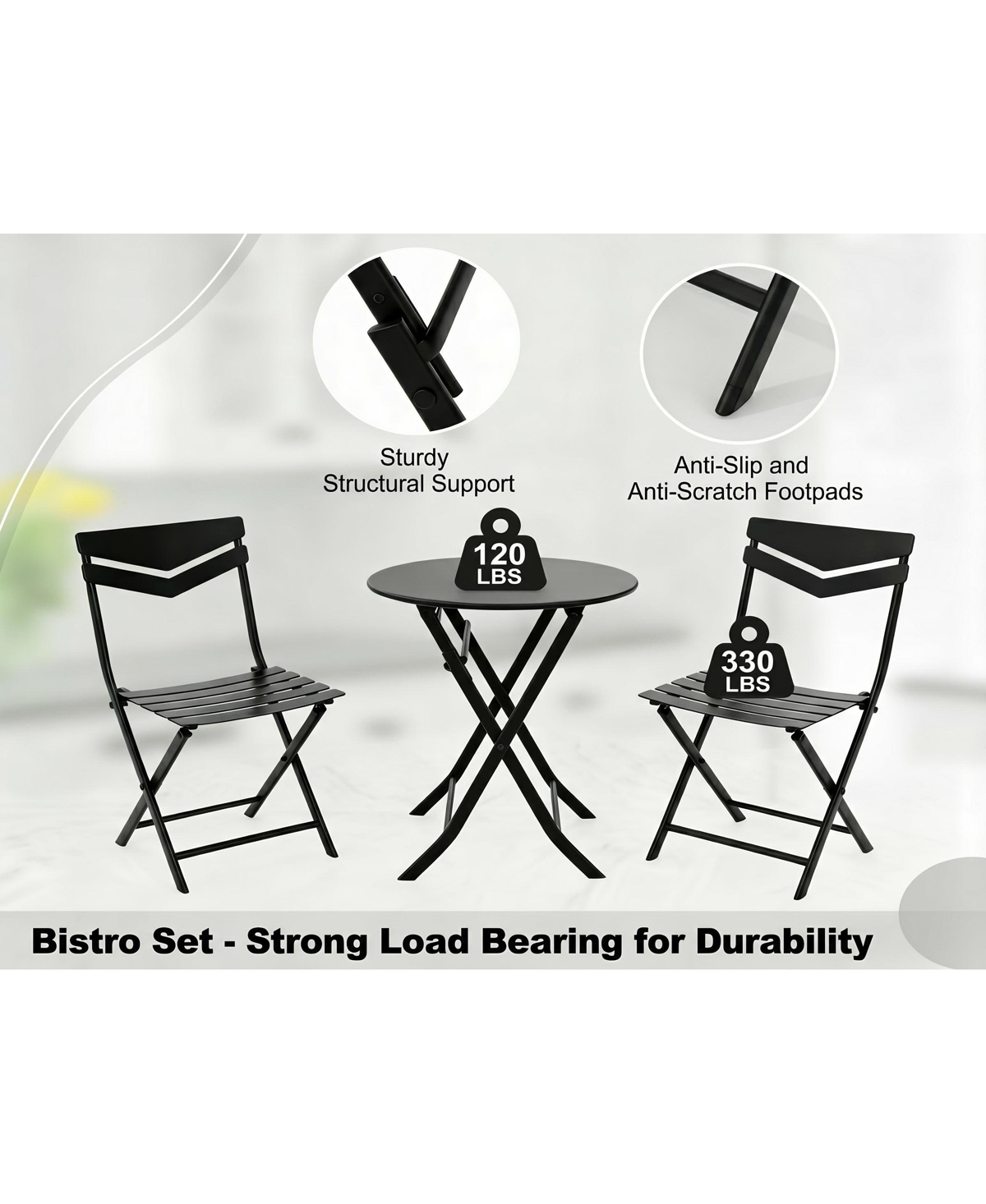 gaomon 3-Piece Folding Patio Bistro Set with Round Table and 2 Chairs, Space-Saving Metal Outdoor/Indoor Furniture for Balcony