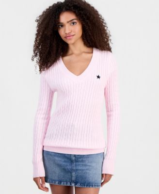 Juniors' Longline V-Neck Cable-Knit Sweater