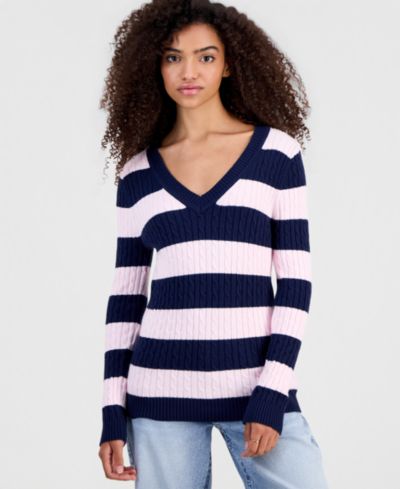 Madden Girl Juniors' Longline V-Neck Cable-Knit Sweater