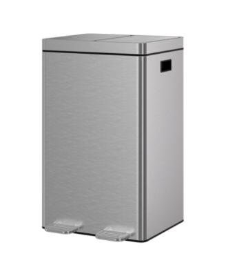double-bin stainless steel trash can set with a foot pedal and soft-close lid, suitable for kitchens, living rooms, and bedrooms