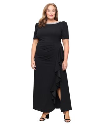 Plus Size Embellished Boat-Neck Cascade Ruffle Gown 
