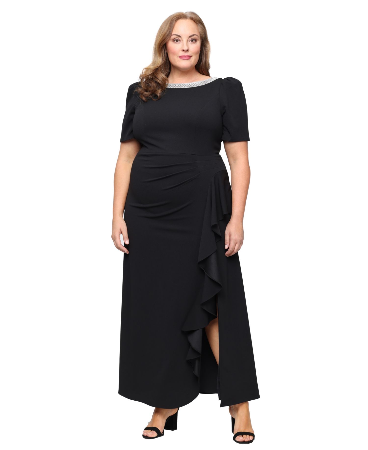 Plus Size Embellished-Neck Ruffle Gown