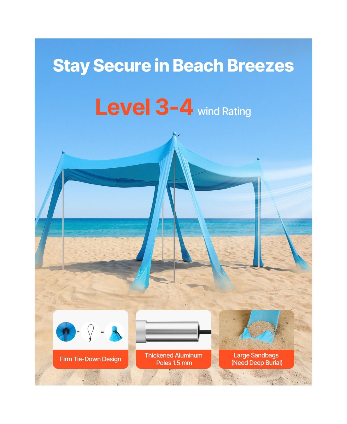 Cozito Beach Tent Sun Shelter 10 x 10 feet with Sandbags and Stability Poles