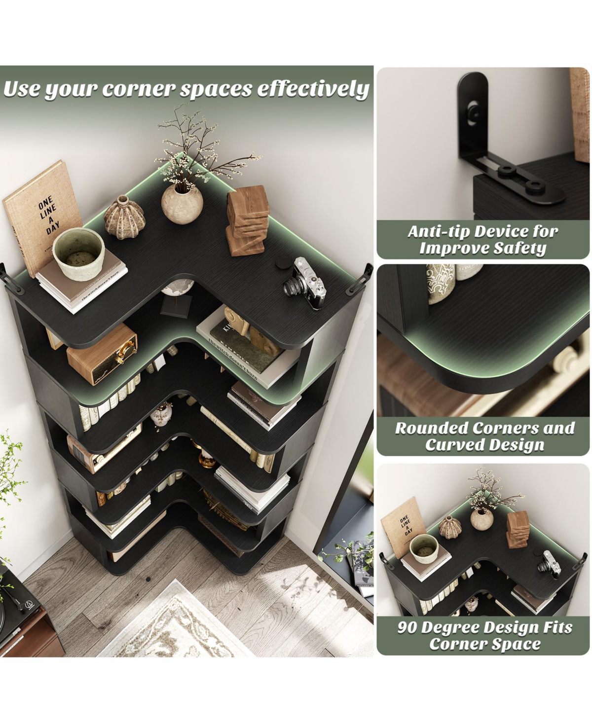 Aheaplus 6-Tier Corner Bookshelf, Space-saving Bookcase Display Storage Shelf