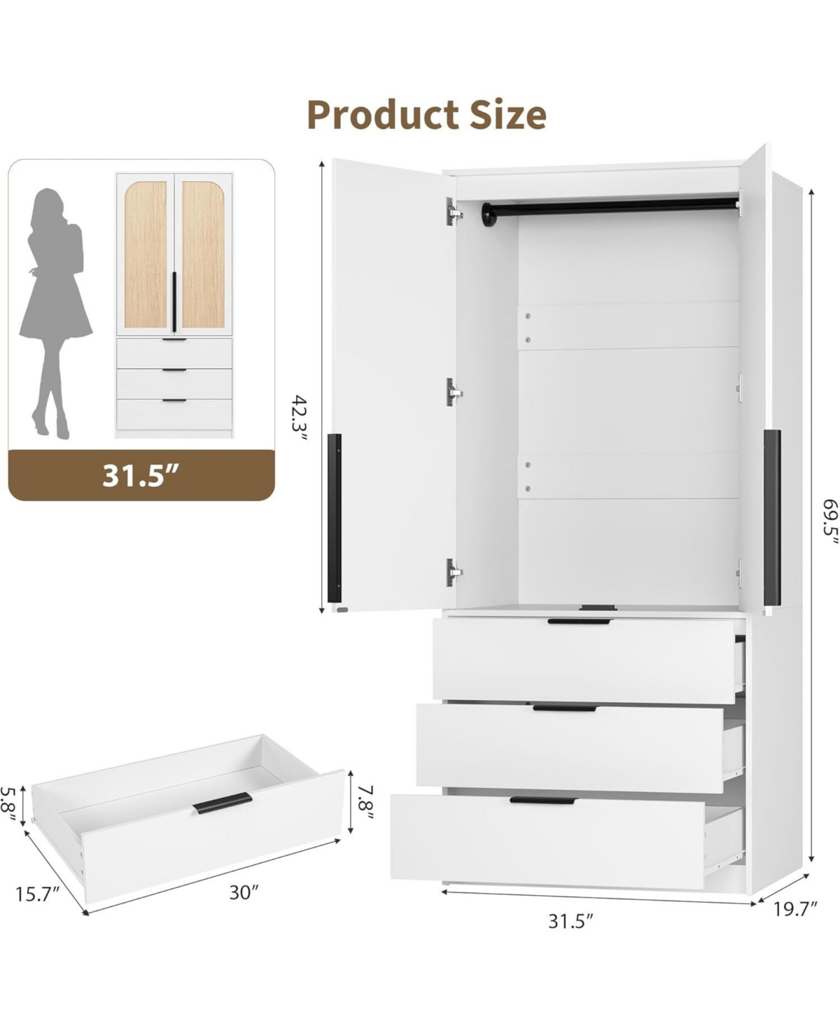 gaomon Armoire Wardrobe Closet, 69.5 inch Wooden Wardrobe Cabinet with 3 Drawers, Hanging Rod, 2 Doors Clothing Storage Cabinet for Bedroom