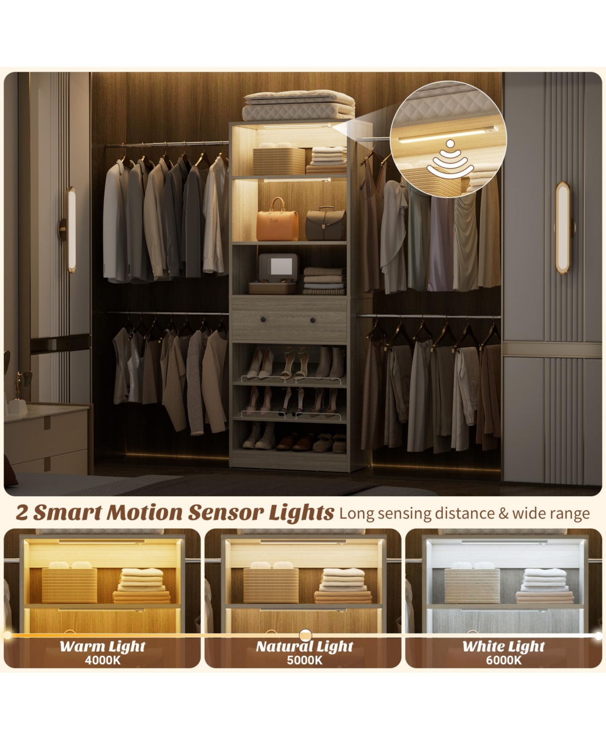 Aheaplus Wood Closet Organizer System with Drawer and 4 Hanging Rods, Heavy Duty Walk-in