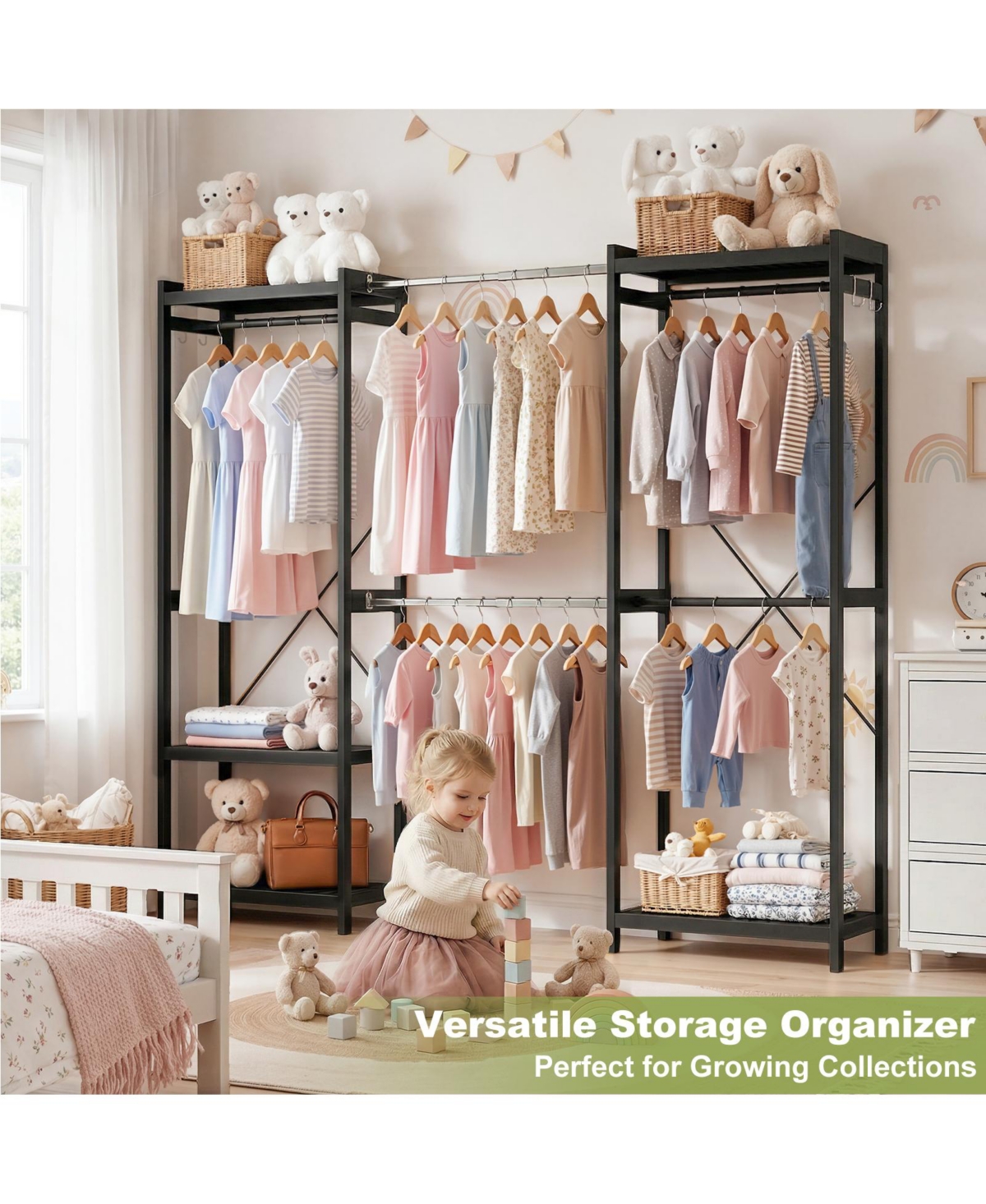 Aheaplus Bamboo Closet System with 5 Hanger Rods and Shelves, Expandable Clothing Rack