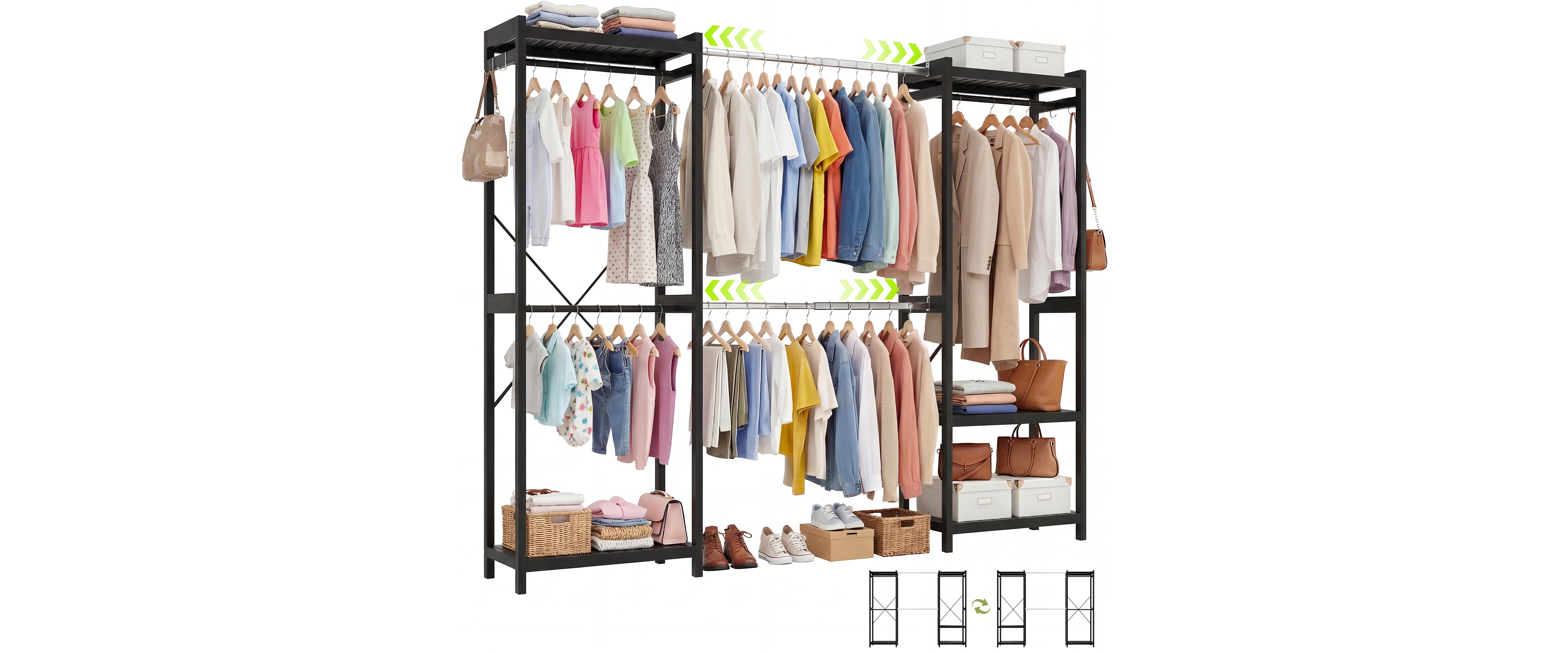 Aheaplus Bamboo Closet System with 5 Hanger Rods and Shelves, Expandable Clothing Rack