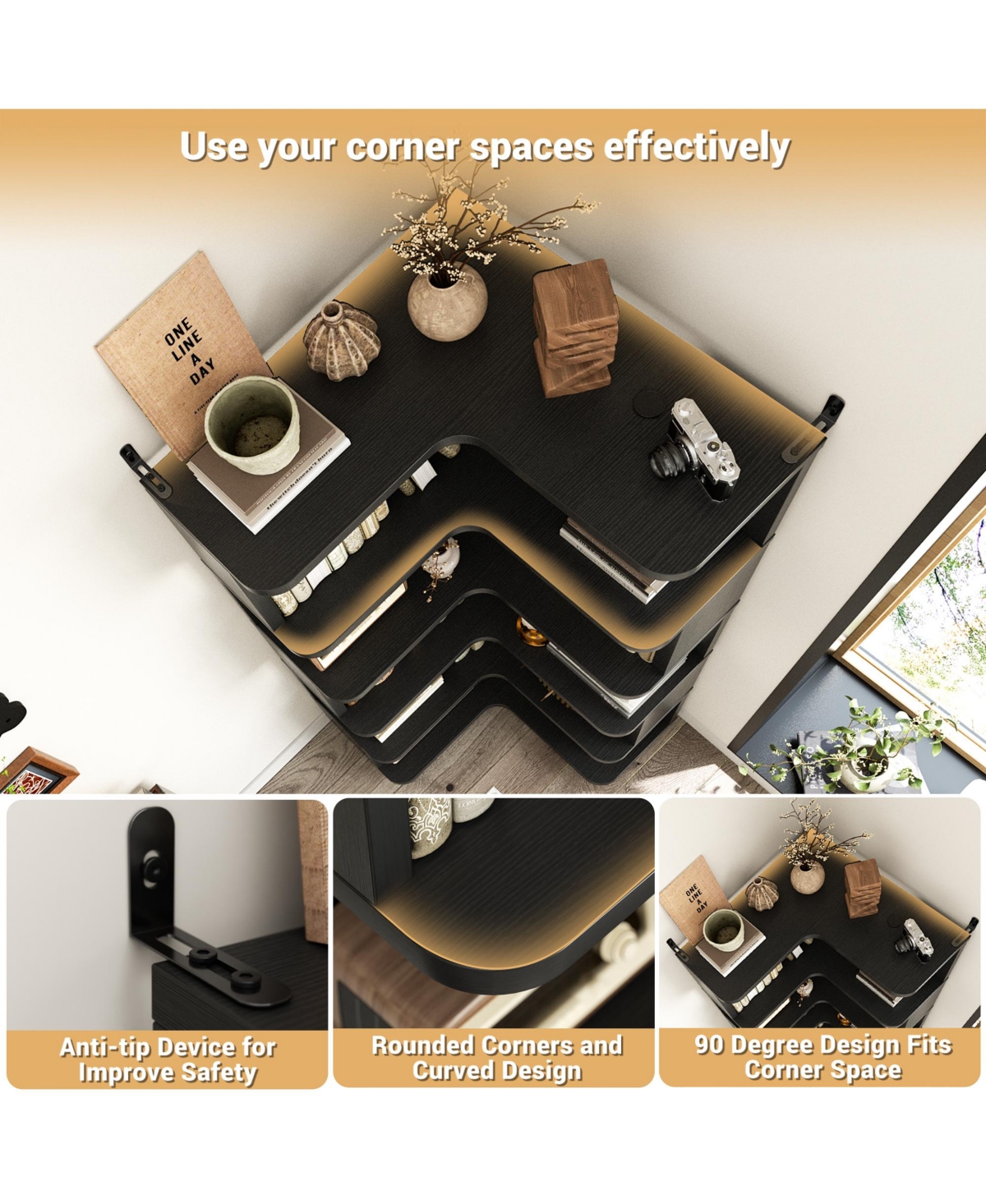 Aheaplus 5-Tier Corner Bookshelf, Space-saving Bookcase Display Storage Shelf