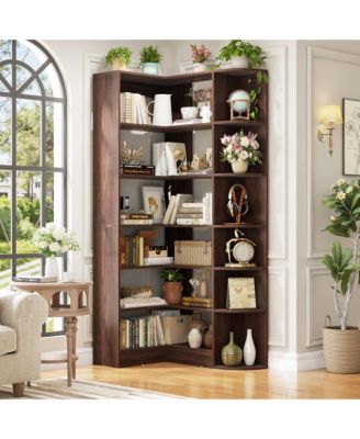 71" Tall 6-Tiers Corner Bookshelf with Open Storage, Wooden Display Shelves for Bedroom