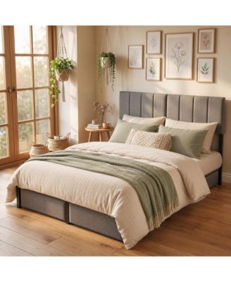 Bed Frame with Upholstered Headboard, Adjustable Headboard Iron Platform Bed, No Box Spring Needed, Heavy Duty Bed Frame