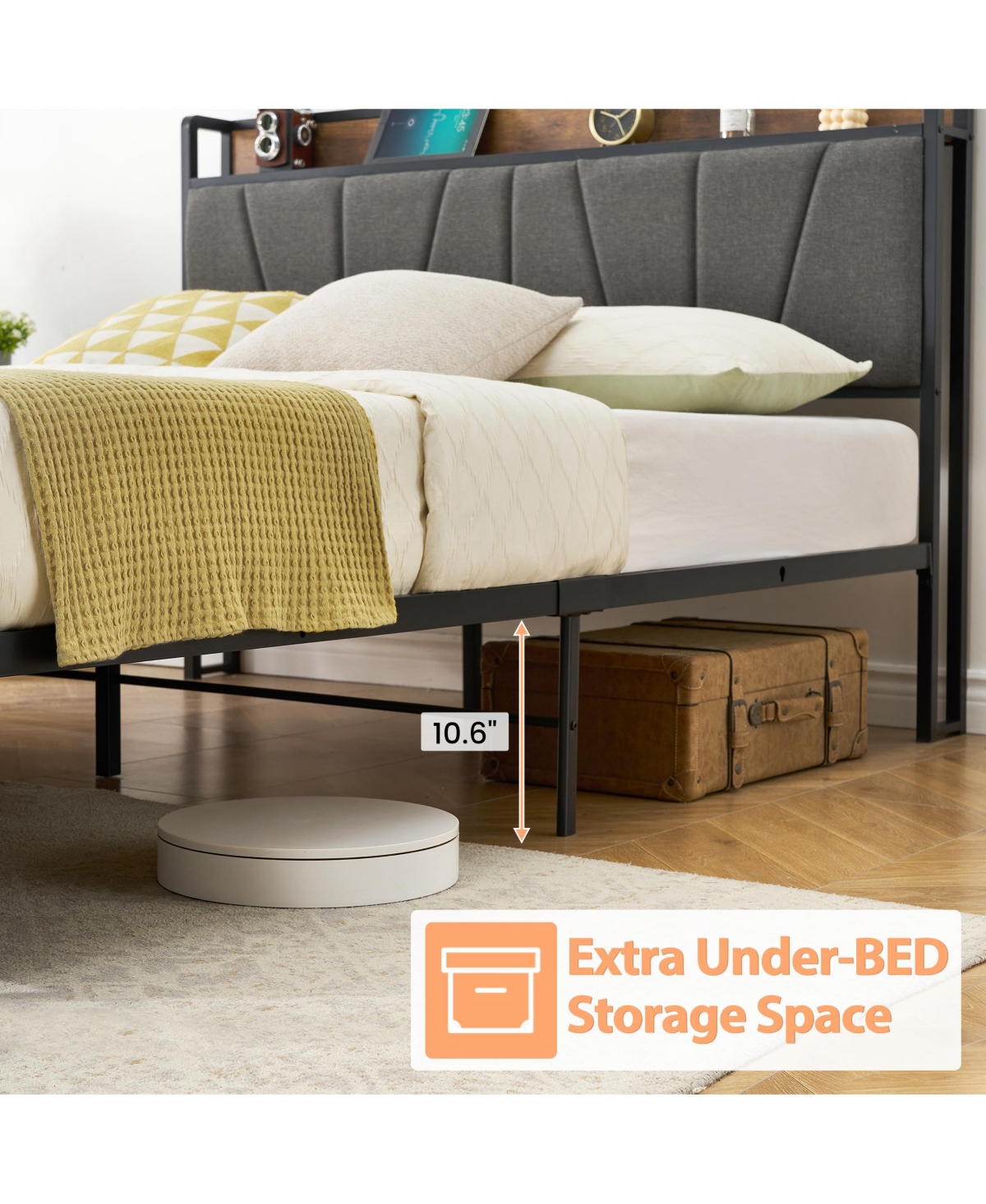 homfan Upholstered Bed Frame with Storage Headboard, Charging Station, 2 Drawers, Metal Slat Support