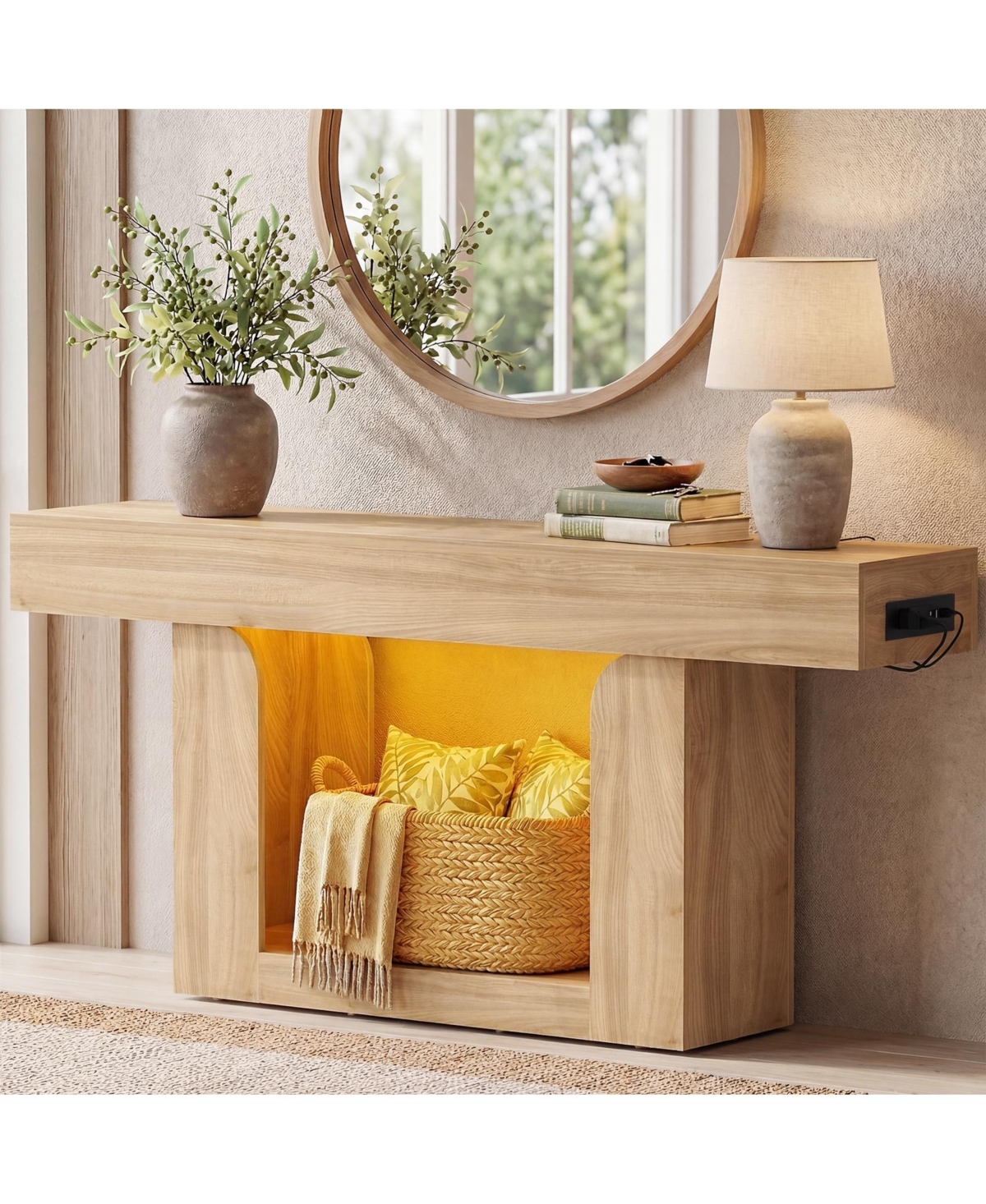 Aheaplus Entryway Table with Charging Station, Console Rgb Led Light, Wooden Sofa