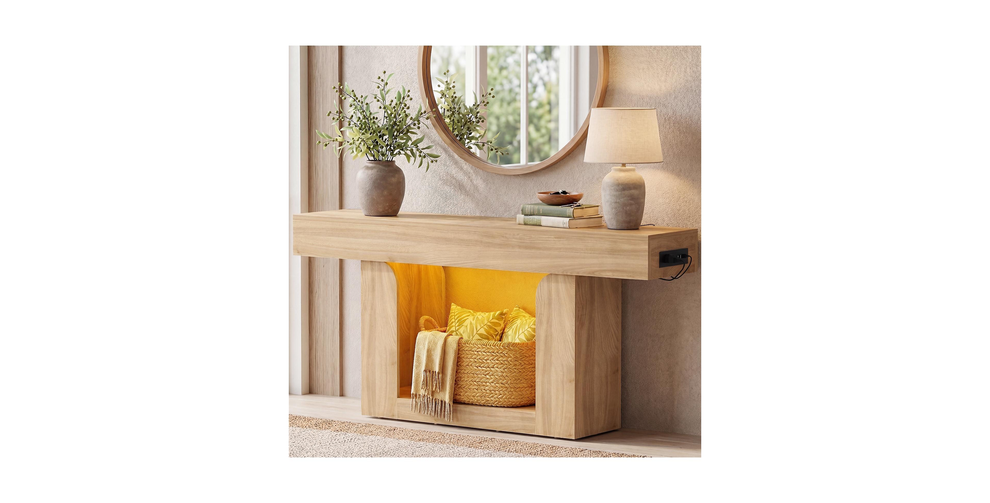 Aheaplus Entryway Table with Charging Station, Console Table with Rgb Led Light, Wooden Sofa Table