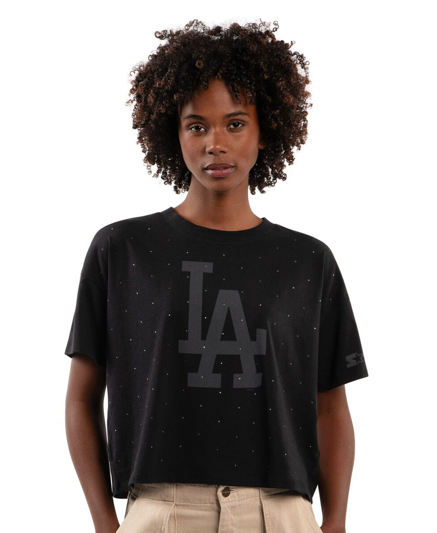 Women's Black Los Angeles Dodgers Rhinestone Sprinkle Boxy Cropped T-Shirt