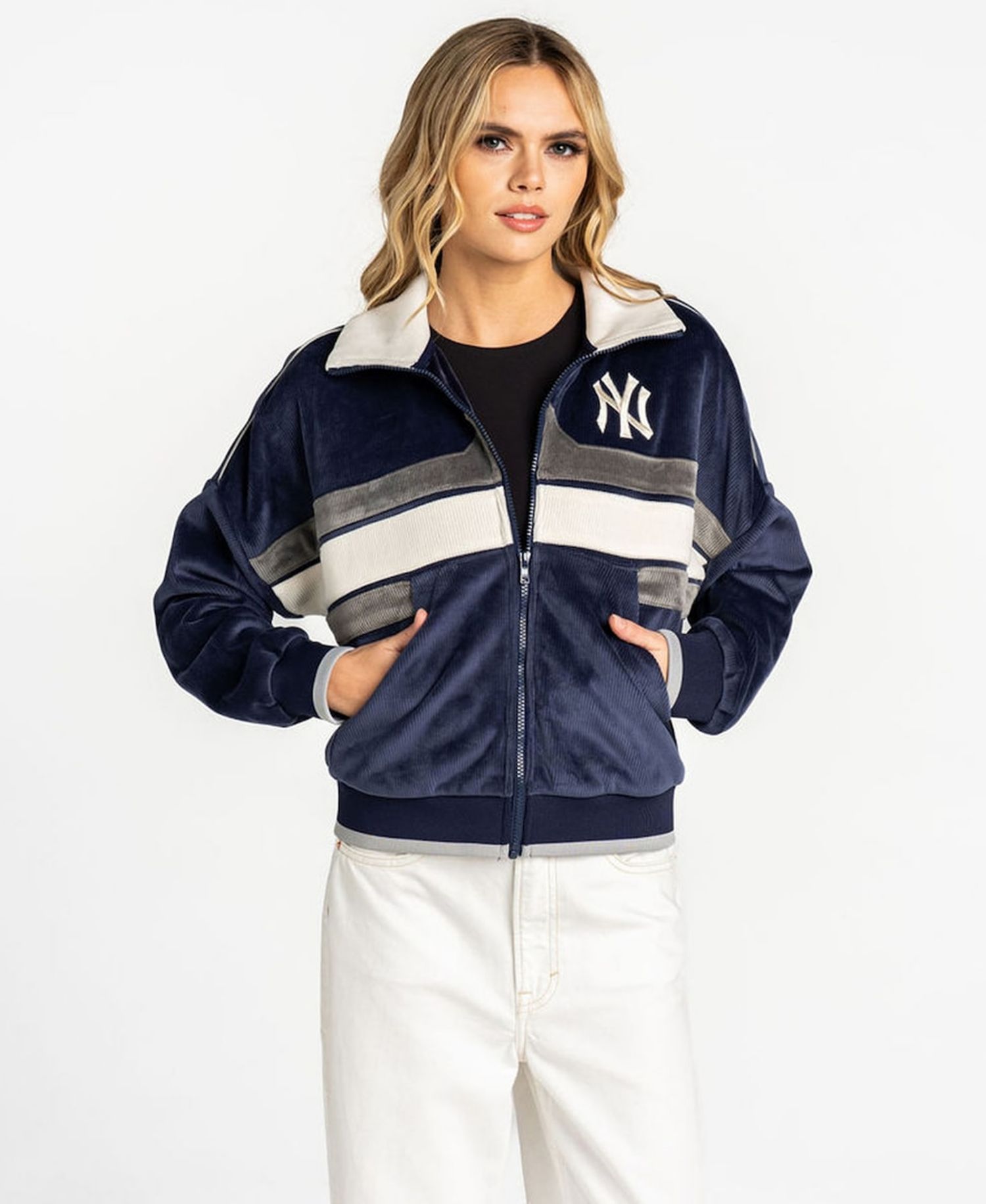 Women's Navy New York Yankees Velvet Cord Full-Zip Jacket