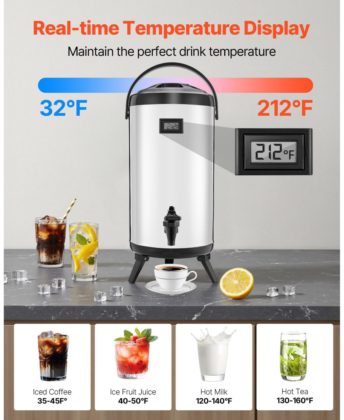 Cozito Insulated Beverage Dispenser, 2.4 Gal 9.2L Stainless Steel Server with Display