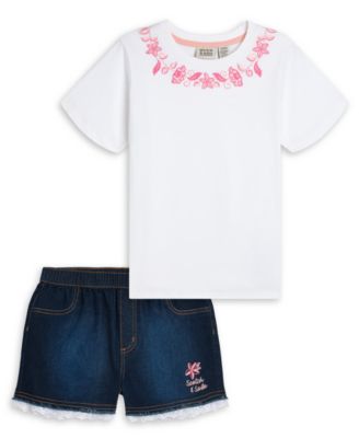 Girls' 4-6X Embroidered Top and Denim Shorts, 2-Piece Set