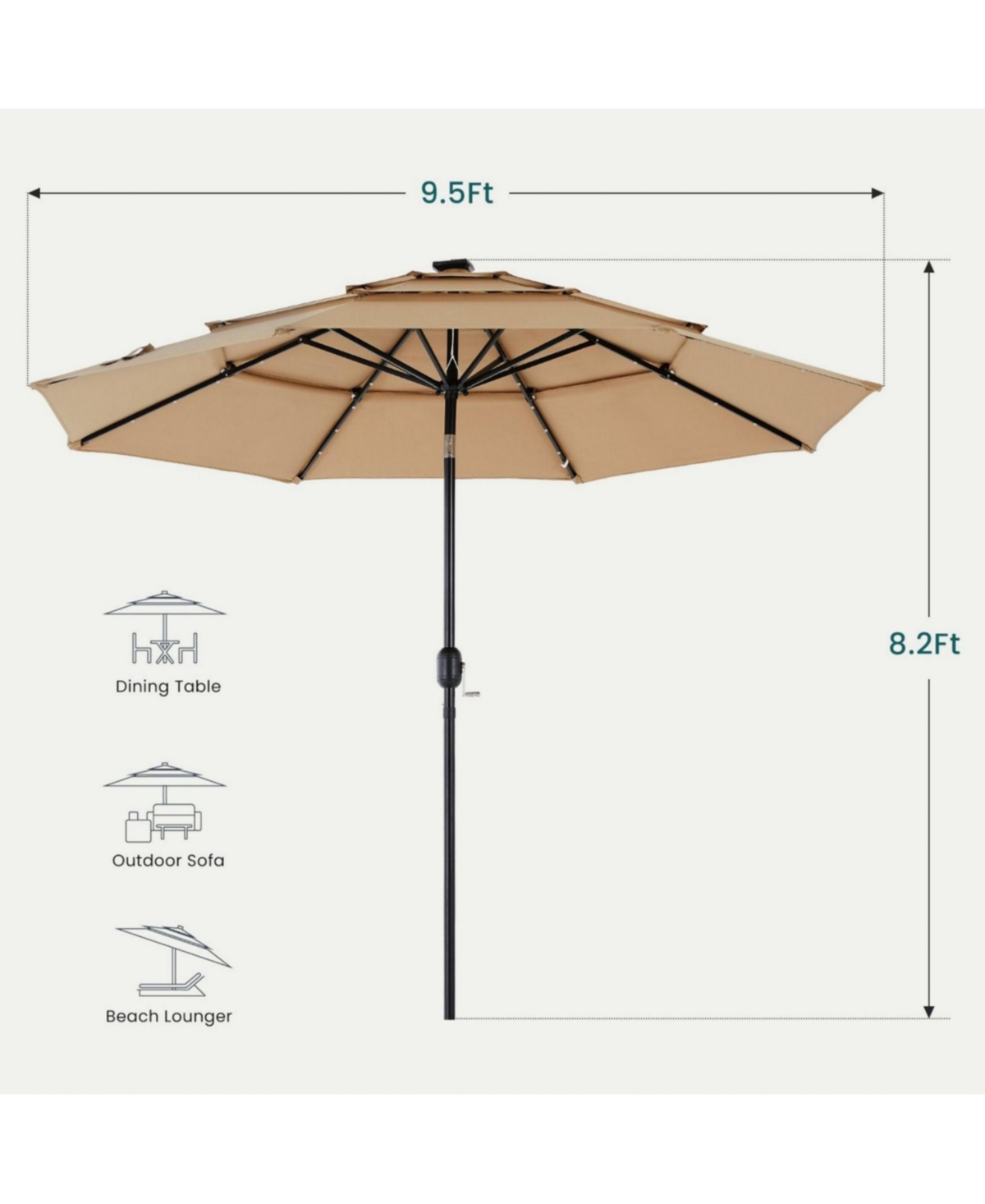 Yiortwo 9.5 Feet Solar Patio Umbrella with Led Lights Tilt Crank UV50+ Outdoor