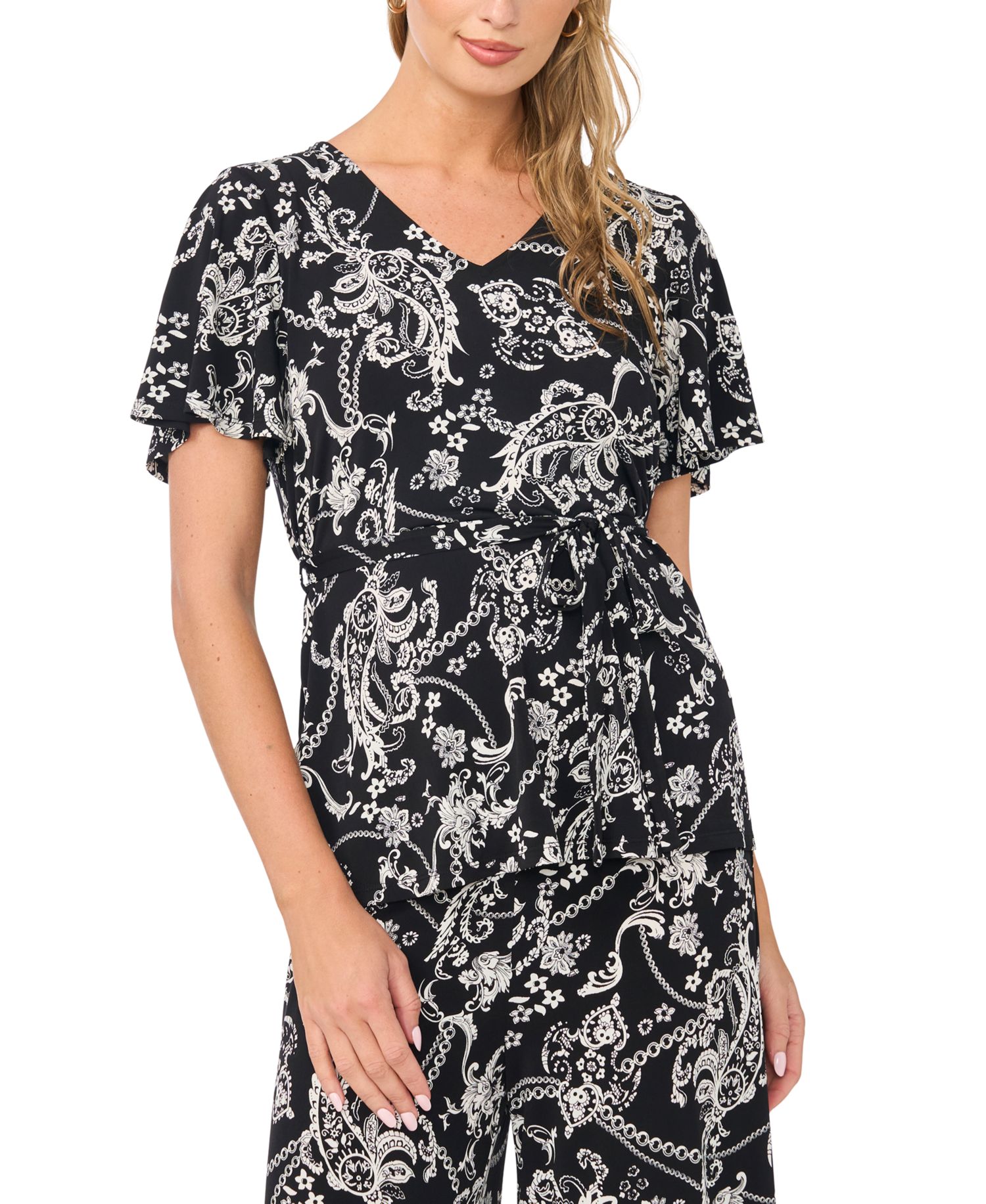Women's V-Neck Flutter-Sleeve Tunic Top