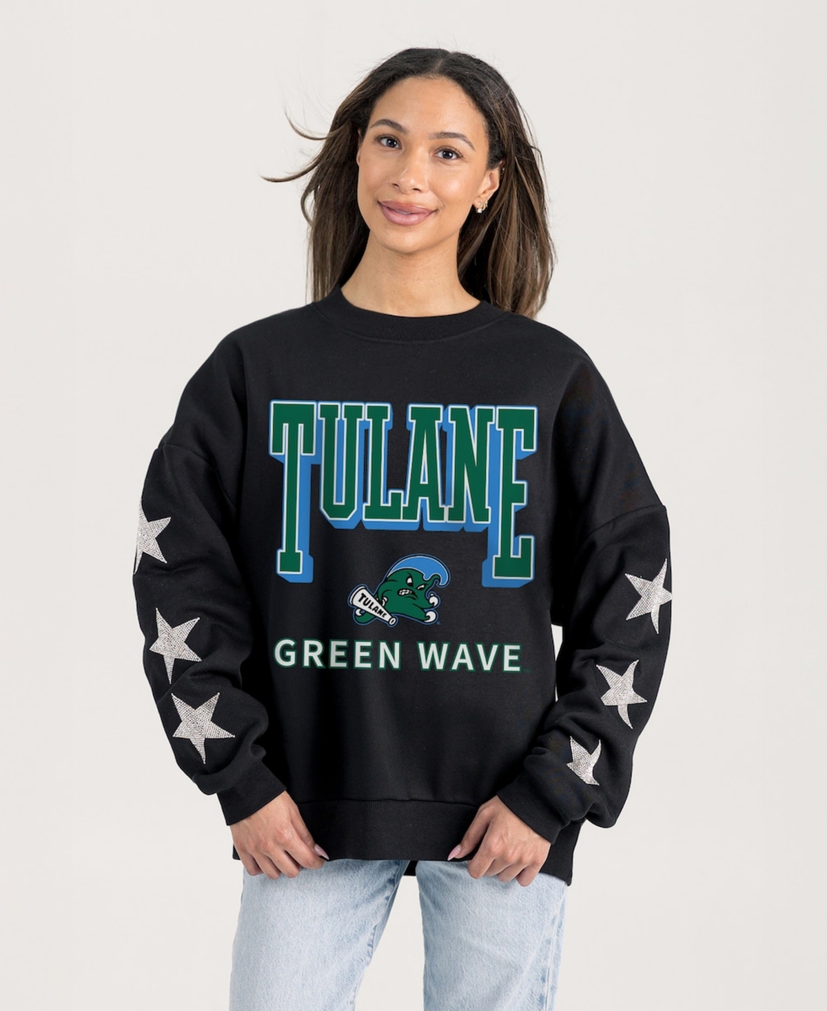 Gameday Couture Women's Black Tulane Green Wave Pure Victory Relaxed Rhinestone Pullover Sweatshirt