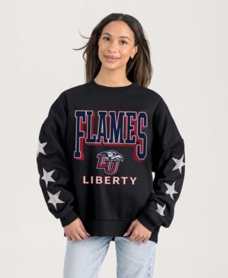 Women's Black Liberty Flames Pure Victory Relaxed Rhinestone Pullover Sweatshirt