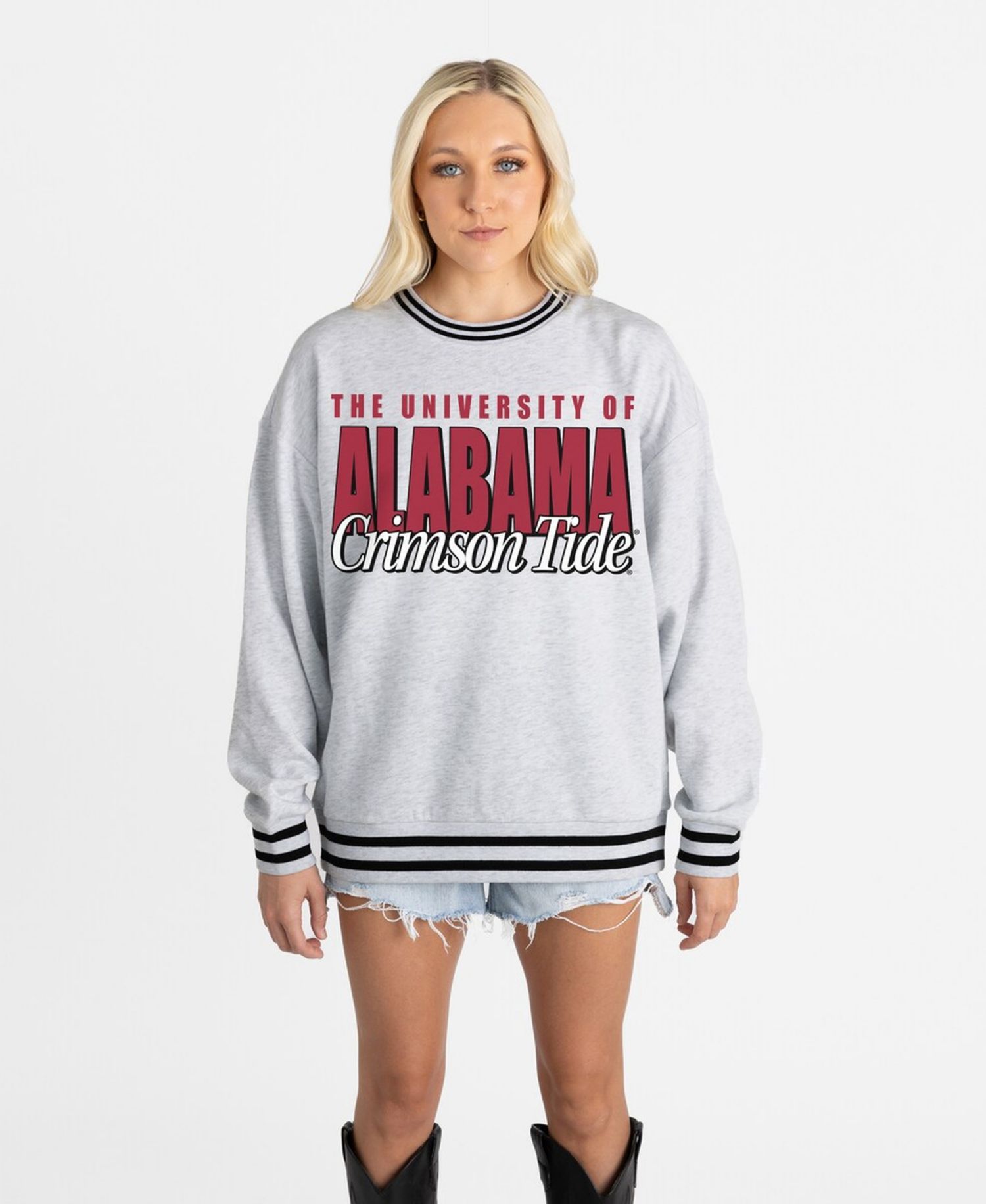 Women's Gray Alabama Crimson Tide Oversized Showdown Ringer Stripe Sweatshirt