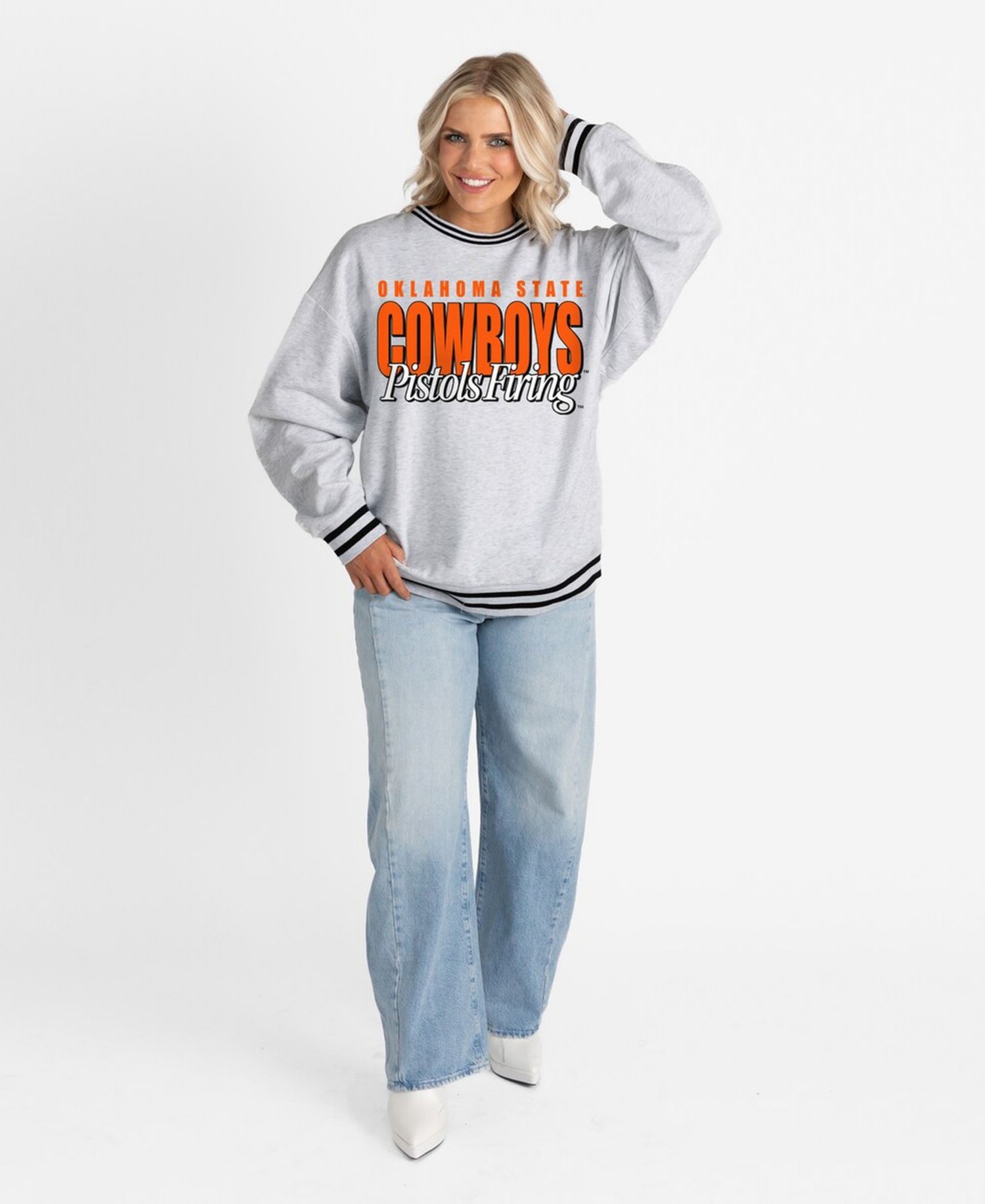 Women's Gray Oklahoma State Cowboys Oversized Showdown Ringer Stripe Sweatshirt