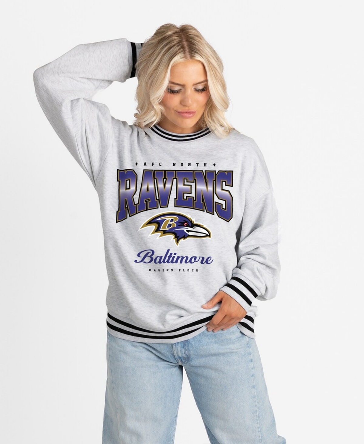 Gameday Couture Women's Ash/Black Baltimore Ravens Oversized Gridiron Drive Ringer Stripe Sweatshirt