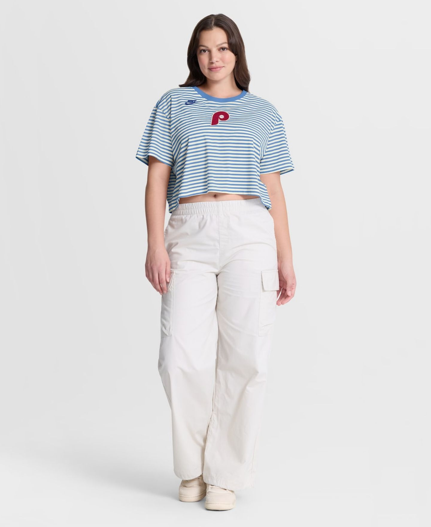 Женская футболка Nike Light Blue/Cream Philadelphia Phillies Cooperstown Collection Striped Cropped — фото 3