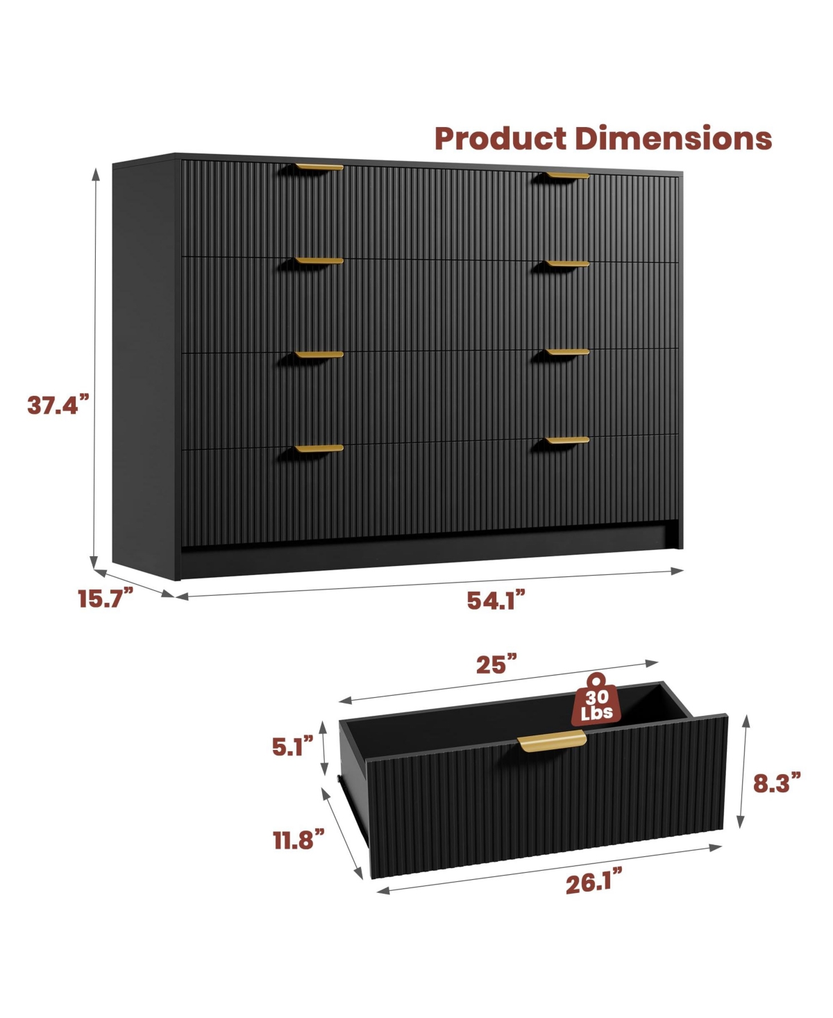 homfan Modern 8-Drawer Fluted Dresser, 54" Wide Chest with Metal Handles, Multifunctional Storage for Bedroom Living Room