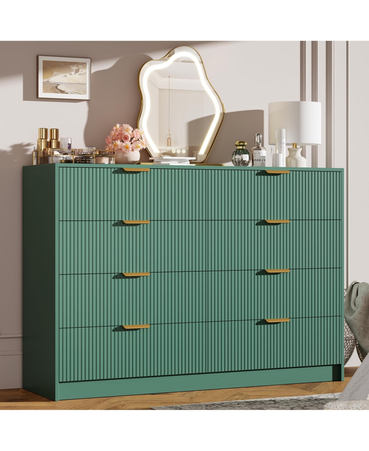 homfan Modern 8-Drawer Fluted Dresser, 54" Wide Chest with Metal Handles, Multifunctional Storage for Bedroom Living Room