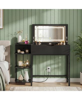 Flip-Top Makeup Dressing Table with mirror and Drawer, Small Vanity Desk with Charging Station