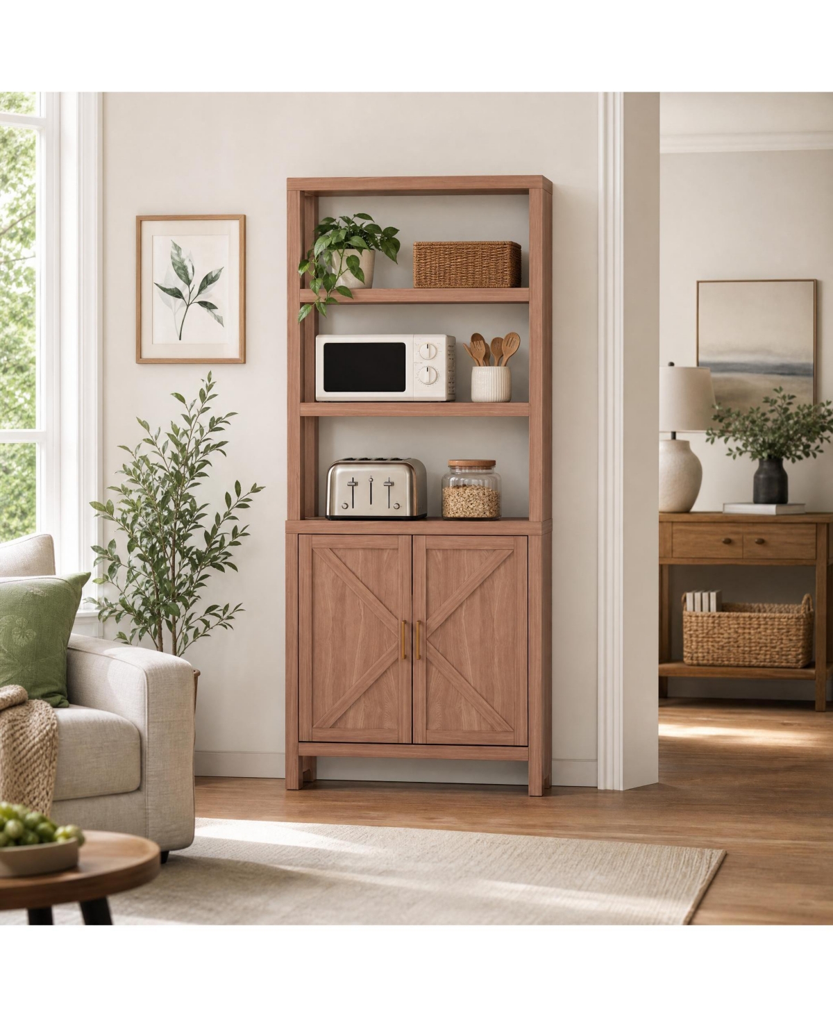 homfan Semi-Open 5-Tier Bookcase with X-Shaped Cabinet Door, Freestanding Bookshelf with Shelves for Living Room Home Office