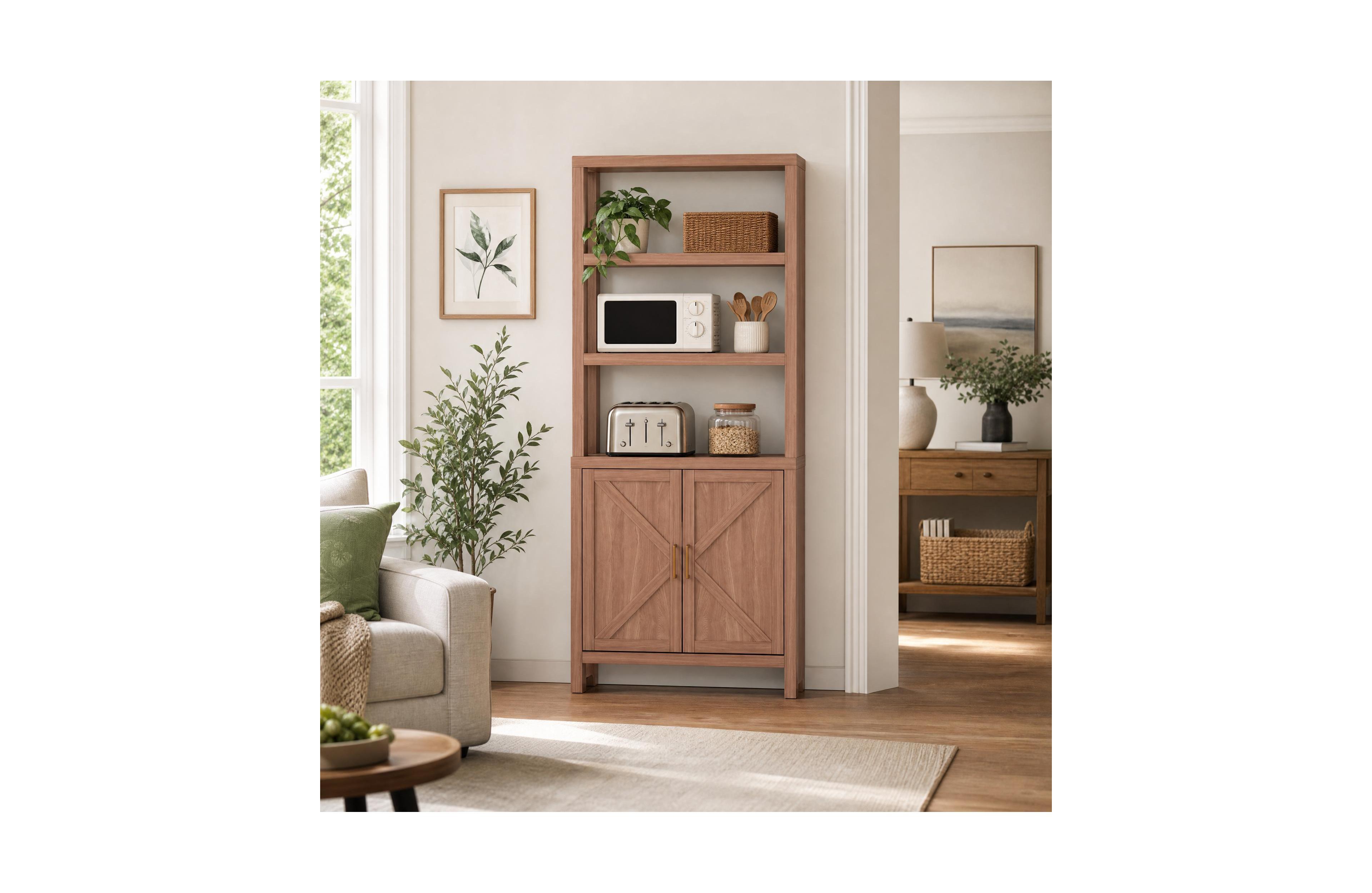 homfan Semi-Open 5-Tier Bookcase with X-Shaped Cabinet Door, Freestanding Bookshelf with Shelves for Living Room Home Office