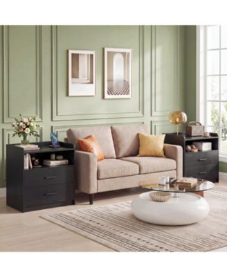 Nightstand with Charging Station, Sofa Side Table with Drawers