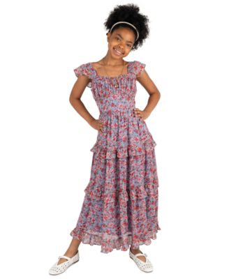 Girls' 7-16 Printed Floral Lurex Chiffon Dress