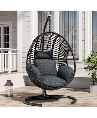 Outdoor Hanging Rattan Basket Chair with Stand and Cushion for Patio or Balcony