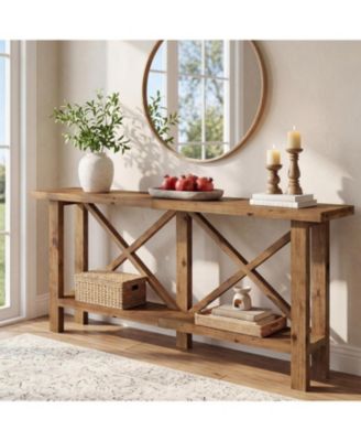 Solid Wood Console Table, 70.9-Inch Long Narrow Entryway Table with Storage, 2-Tier Farmhouse Sofa Console Behind Couch
