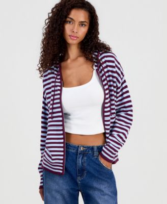Juniors' Striped Full-Zip Hoodie Sweater