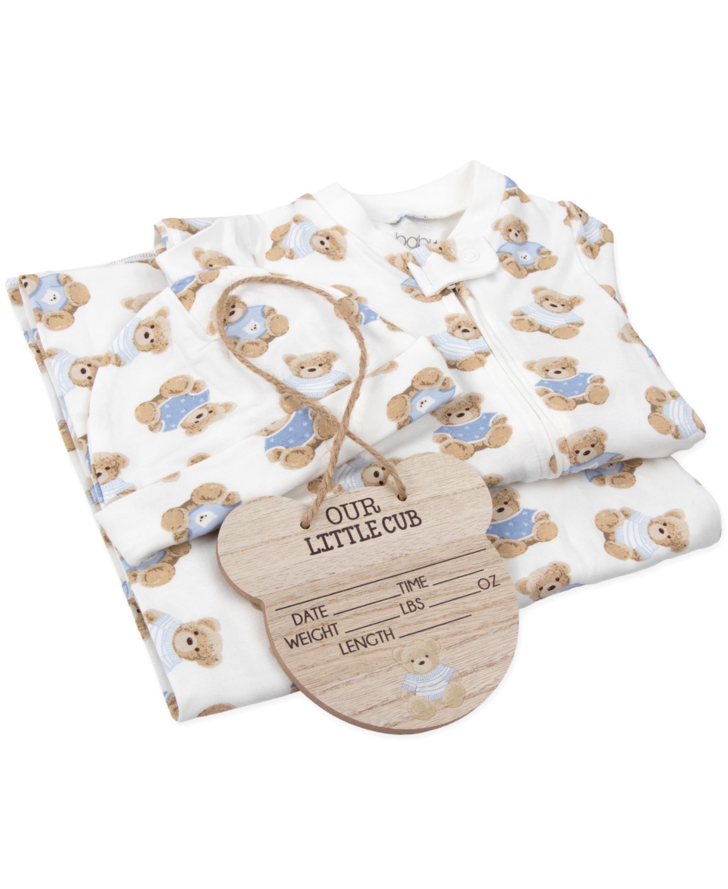 Baby Boys' Bear Print Coverall, Blanket, Hat and Wooden Sign, 4-Piece Set