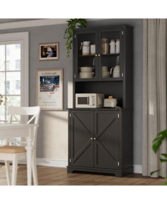 72-Inch-Tall Kitchen Hutch Cabinet with Glass Doors, 41-Inch-Wide Freestanding Storage Cabinet with Charging Station and LED Lights